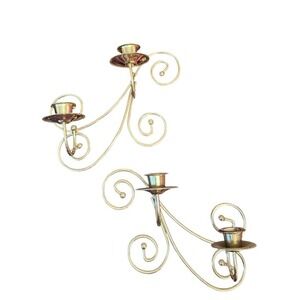 Vtg Pair 2 Home Interior & Gifts Gold Twisted Metal Wire Wall Candle Sconce Mcm